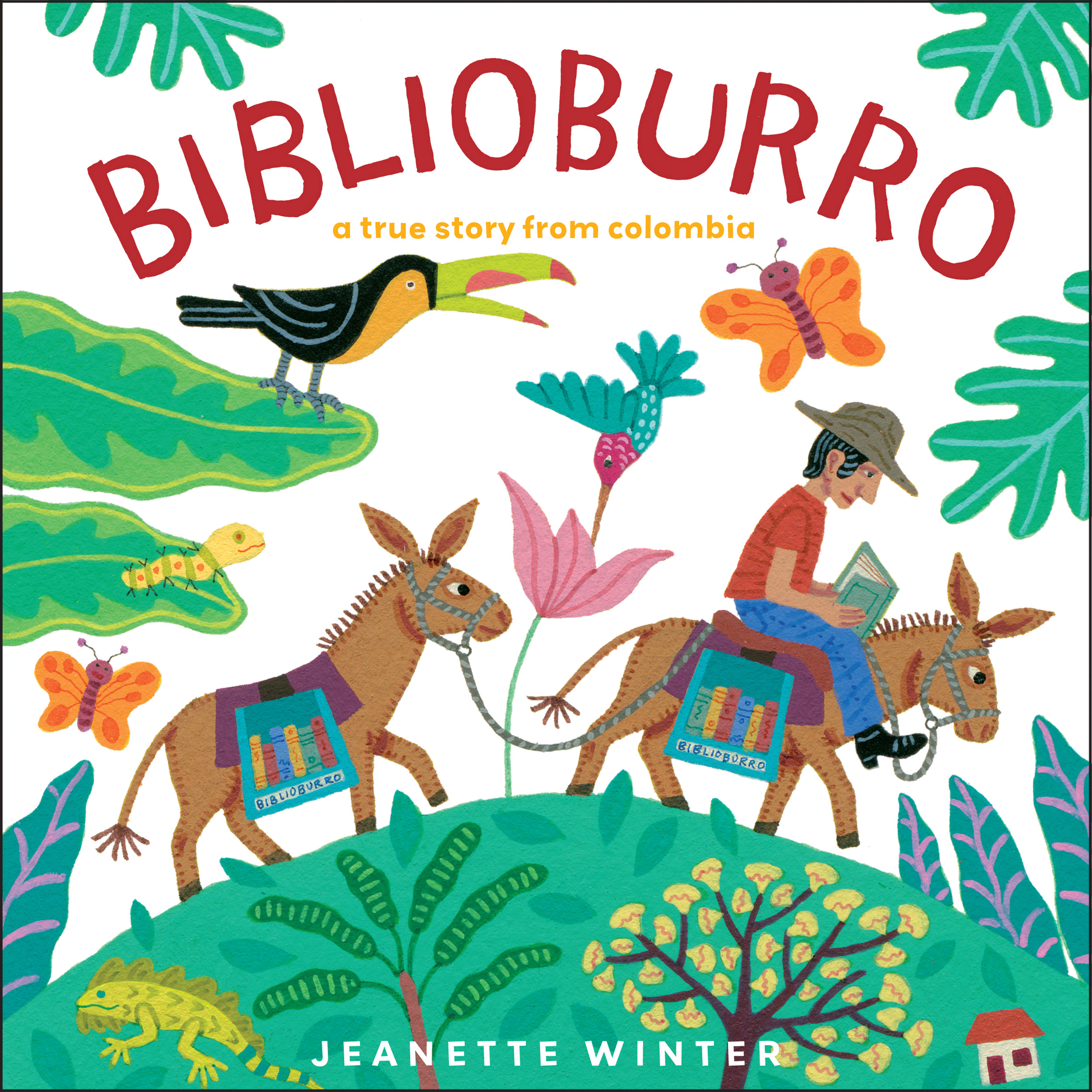 Book cover for "Biblioburro: A True Story from Colombia" depicting a man riding a donkey and leading another donkey
