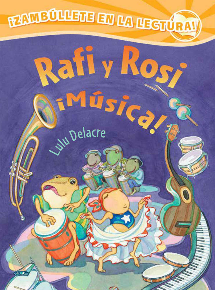 "Rafi y Rosi iMusica!" over illustration of toads and frogs playing musical instruments