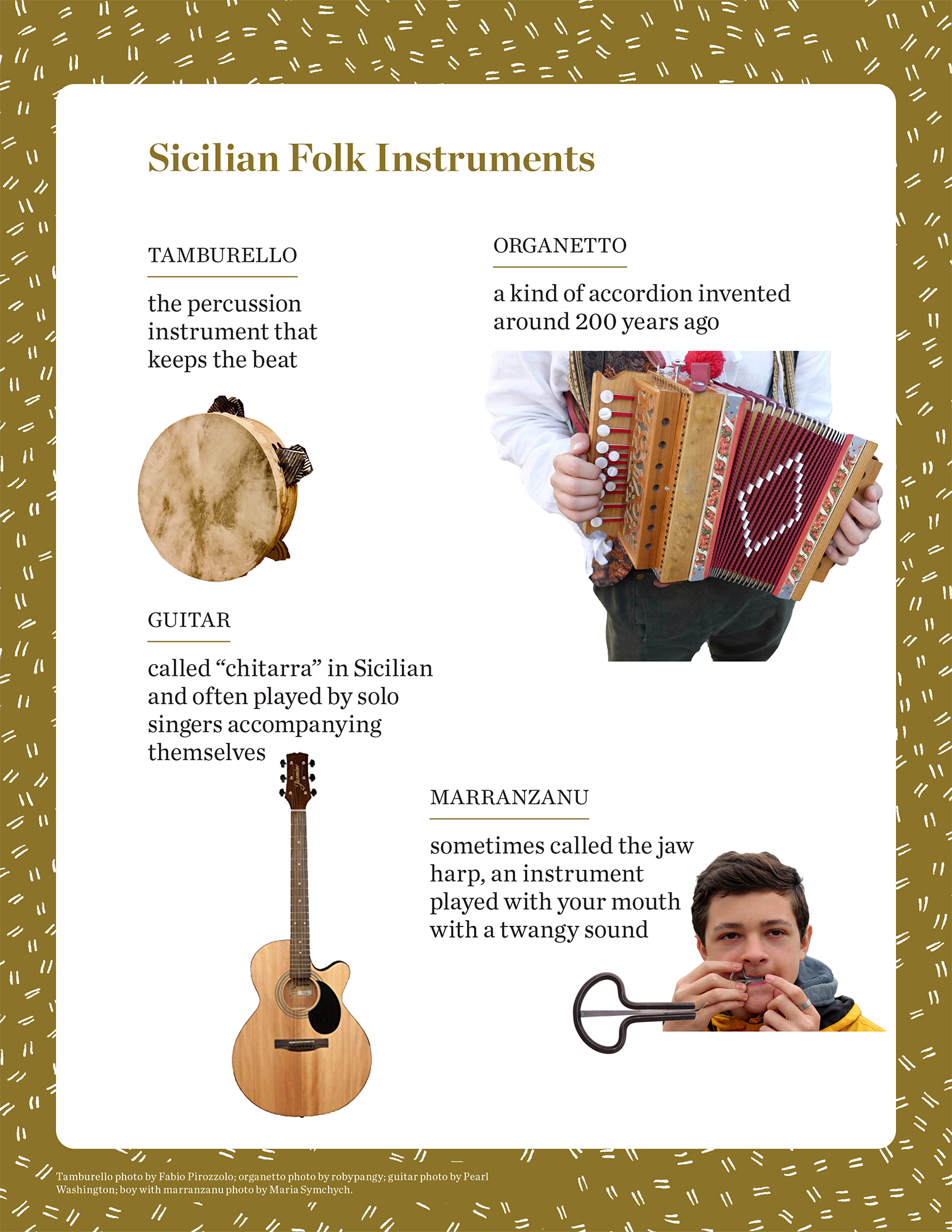 "Sicilian Folk Instruments" student activity depicting a tamburello, organetto, guitar, and marranzanu
