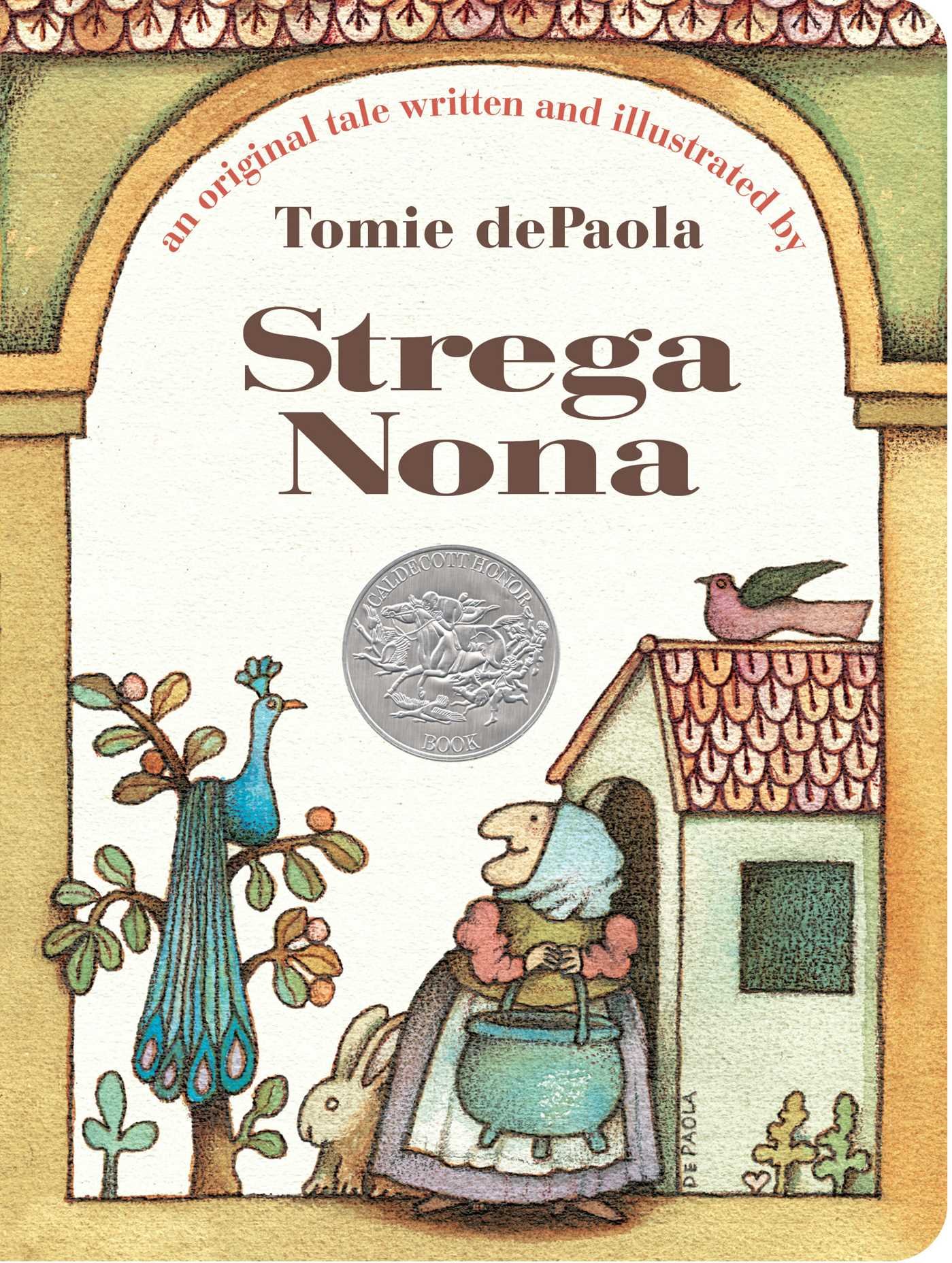 Book cover for "Strega Nona" depicting an elderly woman holding a cauldron smiling up at a peacock on a tree branch
