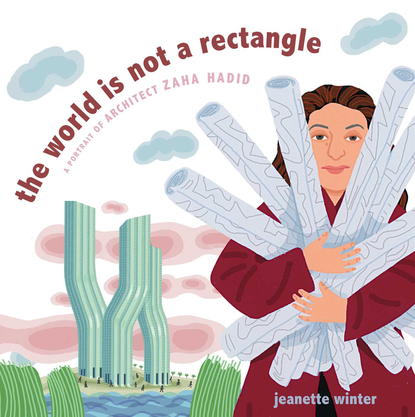 Book cover for "The World Is Not A Rectangle" depicting a woman holding a bunch of maps