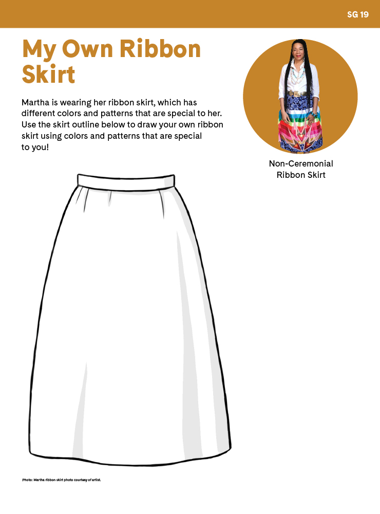 "My Own Ribbon Skirt" student activity with Martha wearing a ceremonial skirt