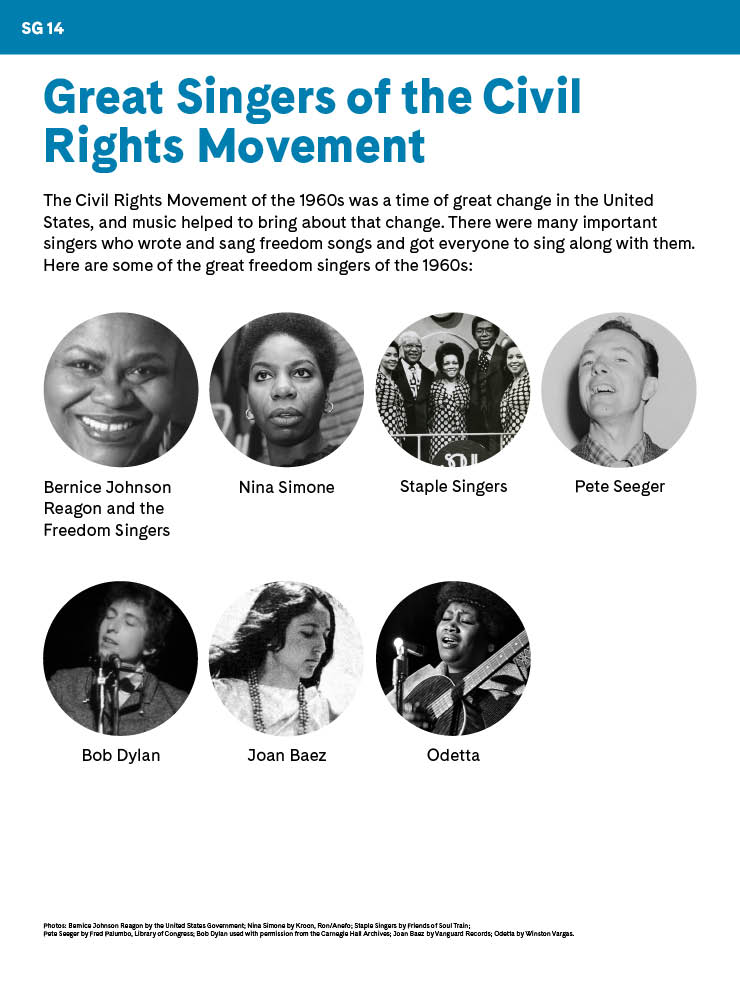 "Great Singers of the Civil Rights Movement" student activity with images of Bernice Johnson Reagon, Nina Simone, Staple Singers, Pete Seeger, Bob Dylan, Joan Baez, and Odetta