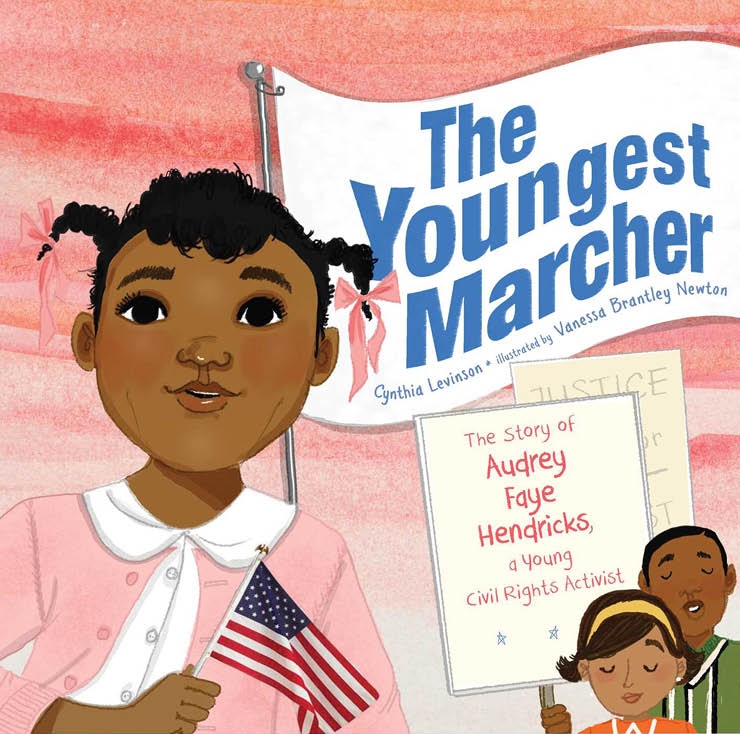 "The Youngest Marcher" with illustration of a pig-tailed girl holding an American flag