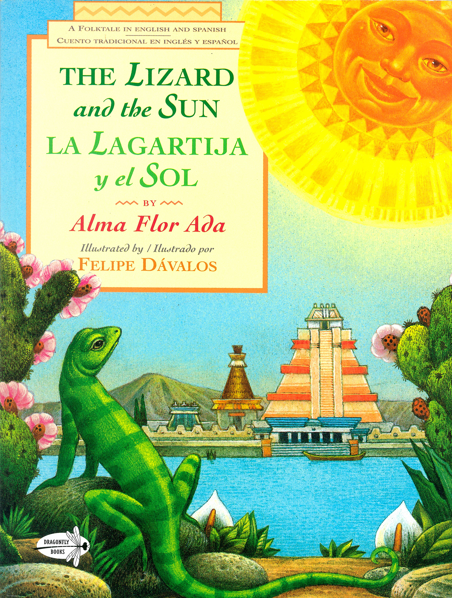 "The Lizard and the Sun (La Lagartija y el Sol)" book cover depicting a lizard looking across the water at a Mexican pyramid as a smiling sun beams down.