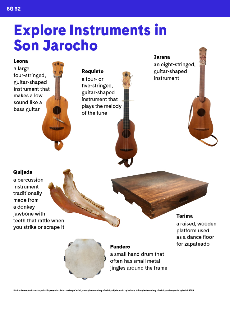 "Explore Instruments in Son Jarocho" student activity with several musical instruments: a leona, requinto, jarana, quijada, pandero, and tarima
